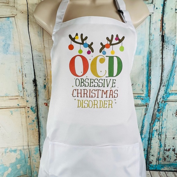 OCD Obsessive Christmas Disorder White Bib Apron Unisex New - Picture 3 of 6